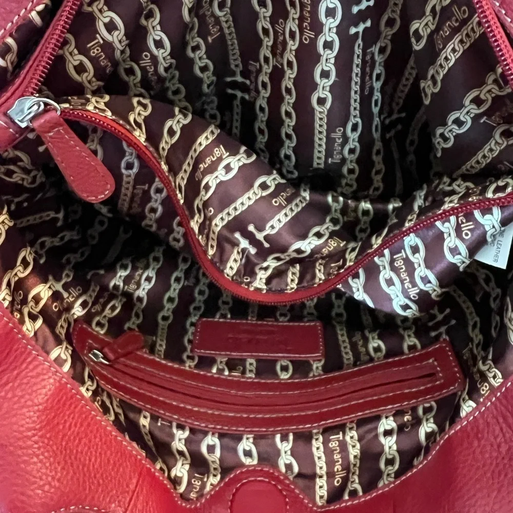 Tignanello Red Genuine Leather Medium Size Double Hand Tote Handbag - Picture 14 of 16